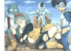 1girls 3boys age_difference alpha_male boots bulma_briefs bulma_briefs_(frieza_saga) cum cum_in_mouth dende doggy_style dragon_ball dragon_ball_z fellatio frieza interspecies larger_female namek older_female oral pandoras_box royalty sex size_difference smaller_male son_gohan son_gohan_(young) straight_hair torn_clothes vaginal_penetration vaginal_sex watching young younger_male