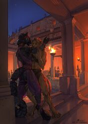 anthro anthro_on_anthro arm_grab armband ass background_character backsack balls balls_outline bandanna_on_forehead bath bathhouse black_body black_fur black_hair blonde_hair bottomwear bracelet brazier bulge claws clothing crotchless_clothing detailed_bulge dungeons_and_dragons ear_piercing eye_contact felid fire fluffy fluffy_tail fossa666 fur genital_outline genitals hair harem_outfit hasbro hi_res jewelry kerchief leather leather_strap lion loincloth looking_at_another male male/male mammal markings neckband neckwear night pantherine pawpads piercing public ring spots spotted_body spotted_fur standing straps tabaxi tail tail_around_leg tail_tuft tail_wraps tan_body tan_fur teeth translucent translucent_clothing tuft underwear wizards_of_the_coast wraps