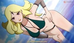 beach bikini bikini_bottom bikini_top blonde blonde_female blonde_hair boruto:_naruto_next_generations boruto:_two_blue_vortex breasts delta_(boruto) earrings forehead_mark green_bikini naruto_(series) otsukira pink_eyes tonge_out