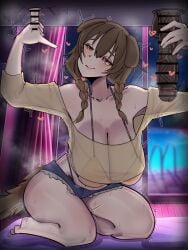 1girls 2boys animal_ears bar_censor big_penis big_penis_adoration breasts brown_eyes brown_hair censored clothed_female_nude_male clothing dark-skinned_male dark_skin dog_ears dog_girl dog_tail double_handjob handjob heart hololive hololive_gamers hololive_japan huge_breasts indoors inugami_korone light-skinned_female light-skinned_male light_skin looking_at_penis mh_(ntr5304) milking_handjob milking_table mmf_threesome penis penis_size_difference room small_penis_adoration table tail textless threesome virtual_youtuber