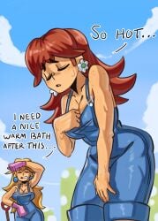 2girls ass blonde_hair blue_earrings breasts brown_hair cleavage cloud clouds earrings english_text female flower_earrings gloves large_breasts long_hair mario_(series) moxydrawsmore nintendo overalls overalls_only pink_gloves princess_daisy princess_peach short_hair shovel sweat text thick_thighs thighs tired