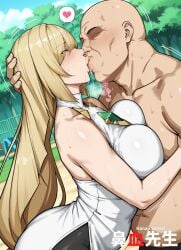 1boy 1girls ahe_gao ai_generated blonde_hair breasts deep_kissing fat_male game_freak green_eyes hanajisensei kissing leggings long_hair lusamine_(pokemon) medium_breasts nintendo outdoors pokemon pokemon_sm saliva slender_body slender_waist sweat ugly_bastard white_dress 鼻血先生