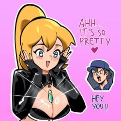 1boy 1boy1girl 1girls blonde_female blonde_hair blue_eyes bra breasts cleavage female female_focus leather leather_clothing leather_gloves leather_jacket light-skinned_female light_skin male marri_(selvish94) necklace oc original original_character selvish94