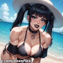ai_generated bangs beach bikini black_bikini black_hair blue_eyes blue_sky blush breasts choker cleavage cloud collarbone day ear_piercing female goth goth_girl hat hi_res high_resolution large_breasts leaning_forward looking_at_viewer navel ocean open_mouth outdoors piercing side-tie_bikini_bottom sky solo sun_hat swimsuit twintails vexnflex violet_(vexnflex) watermark