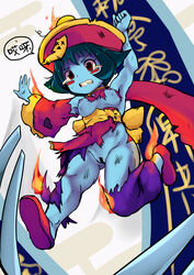 blue_skin blush_stickers breasts censored chibi clenched_teeth clothing darkstalkers fire highres hsien_ko jiangshi lei-lei lei_lei nipples pussy small_breasts tenteco_(covamin) torn_clothes