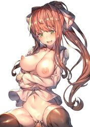 bottomless breasts cum doki_doki_literature_club dress_shirt green_eyes monika_(doki_doki_literature_club) nipples no_bra open_shirt penis pussy redcomet sex thighhighs