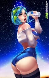 1girls ass blue_hair blue_shorts breasts cleavage curvy dat_ass earth-chan female female_only large_ass looking_at_viewer looking_back lord_dominik open_mouth original panties small_waist solo thick_thighs thighhighs thighs tongue tongue_out underboob