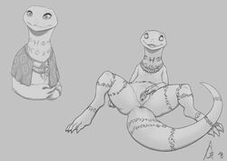 2018 albino anthro anus crusch_lulu digitigrade eyelashes female flat_chested greyscale jewelry lizard lizardman_(overlord) lying markings monochrome necklace nude on_back open_mouth overlord_(maruyama) presenting presenting_pussy pussy reptile scalie simple_background solo soundi spread_legs spreading tattoo tribal_tattoo white_skin