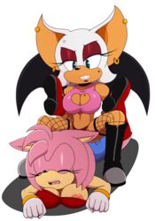 2018 amy_rose angry anthro bare_shoulders bat bigdon1992 black_nose blue_eyes boots bracelet breasts cleavage closed_eyes duo ear_piercing eyeshadow female female_focus female_only footwear fur furry gloves hedgehog highres jewelry makeup mammal nipples nyurora nyuroraxbigdon piercing pink_hair rouge_the_bat sega short_hair sonic_(series) sonic_team sonic_the_hedgehog_(series) white_fur wings wrestling