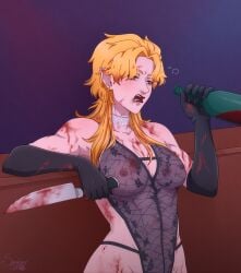 1girls alcohol black_gloves blood blood_on_clothes blood_on_face bloody_weapon bottle breasts cleavage dio_brando drunk elbow_gloves fangs female genderswap_(mtf) gloves holding holding_bottle holding_knife jojo's_bizarre_adventure jojo_no_kimyou_na_bouken knife large_breasts looking_at_viewer nipples open_mouth red_eyes red_lips rule_63 rule_63 see-through solo sombercat1997 thick_thighs thighs weapon wine wine_bottle