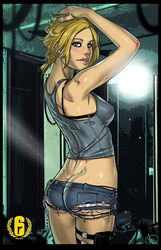 1girls ass blonde_hair blue_eyes breasts cleavage female female_only ganassa iq_(rainbow_six) looking_at_viewer looking_back rainbow_six rainbow_six_siege short_shorts shorts solo tagme tom_clancy