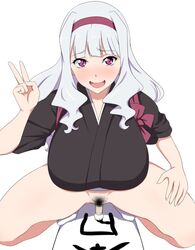 :d blush bottomless breasts calligraphy_brush female idolmaster insertion_calligraphy jabara_tornado japanese_clothes kimono long_hair looking_at_viewer open_mouth paintbrush pubic_hair purple_eyes shijou_takane silver_hair simple_background smile socks solo squatting v vaginal_calligraphy white_legwear