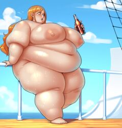 areolae barefoot better_with_salt blue_sky blush boat breasts female female_only huge_belly huge_breasts light-skinned_female long_hair morbidly_obese nami nipples nude nude_female obese obese_female one_piece outdoors overweight overweight_female red_hair soda solo solo_female ssbbw sweat sweaty sweaty_body