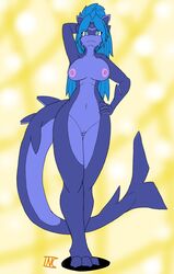 anthro big_breasts blue_eyes blue_hair blue_skin breasts dragon drooling female fin fish hair hybrid inctastic marine myrl nude pussy saliva shark