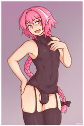 1boy astolfo_(fate) balls bulge dross fate/apocrypha fate/grand_order fate_(series) femboy garter_belt girly male male_only open_mouth penis testicles thighhighs trap