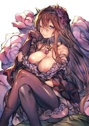 big_breasts black_gloves blue_eyes breasts_out brown_hair brunette gloves granblue_fantasy hairband long_hair looking_at_viewer necklace redcomet rose_(flower) rosetta_(granblue_fantasy) thighhighs very_long_hair