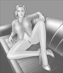 bottomless celebrity female gillian_anderson high-heeled_jill high_heels monochrome presenting pussy