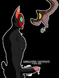 2024 abraham_wayne absurd_res alpha_channel animated anthro artist_collaboration artist_name balls big_penis black_body black_fur bodily_fluids broad_shoulders brown_body brown_scales copyright_symbol domestic_cat duo erection eye_contact felid feline felis feral forked_tongue fur genital_fluids genitals half-length_portrait hi_res hypnosis hypnotic_eyes indian_python jungle_fox kaa_(jungle_book) looking_at_another male mammal mask mind_control nipples nude nude_anthro nude_male open_mouth outline penis portrait precum python red_mask reptile ringed_eyes scales scalie short_tail side_view simple_background snake surrealatorium symbol tail text the_jungle_book tongue transparent_background white_outline