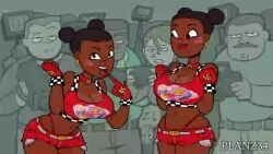 2girls afro_puffs animated audio belly_button_piercing big_breasts booty_shorts breasts brown_hair canonical_scene cars_(film) choker crop_top dark-skinned_female dark_nipples dark_skin disney ear_piercings earrings edit edited erect_nipples female females females_only fingerless_gloves flashing flashing_breasts hair_buns huge_breasts human human_mia_(planz34) human_tia_(planz34) human_version large_breasts life_could_be_a_dream lipstick looking_at_viewer masculine mia_(cars) navel_piercing nipples pixar planz34 shorts sound spanish_voice_acting standing sticker_on_face stickers tagme thick_thighs third-party_edit tia_(cars) top_heavy twins video voice_acted wide_hips