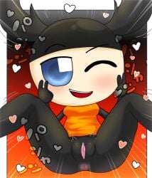 1girls aged_up anthro anus black_body black_hair blue_eyes blushed blushed_face blushed_female blushing blushing_at_viewer chibi double_v exposed_pussy exposed_vagina female gradient_background half-stag_beetle half_human heart humanized japanese_text ketsumoa_(style) kuwagata_tumami light-skinned_female lost_media nec-12 open_mouth orange_clothing orange_dress peace_sign pussy solo spread_legs spread_pussy stag_beetle stag_beetle_humanoid tumami_(kuwagata_tumami) vagina winking_at_viewer