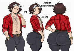 abs ai_generated areola ass back_view belt belt_buckle big_ass big_ass_(male) brown_hair character_sheet cross_necklace dilf femboy femboy_dilf flannel hairy_arms hairy_chest hairy_stomach huge_ass huge_thighs jonnidabun jordan_(jonnidabun) male male_only muscular muscular_male nipples novelai orange_eyes original original_character pants pecs pectorals plump_ass plump_thighs side_view thick_ass thick_thighs voluptuous voluptuous_body voluptuous_femboy voluptuous_male watch wide_hips