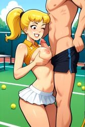 ai_generated archie_comics arm_pits belly belly_button betty_cooper blonde_female blonde_hair blue_sky breast_fucking breast_grab cloud facial_cumshot female/male fence flashing_breasts light_skin light_skinned_female looking_back micro_skirt one_eye_closed paizuri partially_clothed ponytail red_pill_neo shirt shirt_up shorts shorts_pull shorts_pulled_down skirt sky stomach table tennis_ball tennis_court tennis_uniform titjob tree trees white_microskirt white_skin white_skinned_female white_skirt yellow_shirt