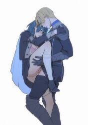 1boy 1girl armored_boots black_boots black_gloves blue_hair boots bra bra_pull cape carrying clothes_pull dimitri_alexandre_blaiddyd female_byleth_(academy)_(fire_emblem) female_byleth_(fire_emblem) fire_emblem fire_emblem:_three_houses from_side garreg_mach_monastery_uniform gloves half_gloves hetero highres karini knee_boots kneehighs looking_down medium_hair nipples penis pink_bra princess_carry sex simple_background socks underwear vaginal variant_set white_background white_socks x-ray