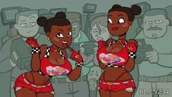 2girls afro_puffs animated audio belly_button_piercing big_breasts booty_shorts breasts brown_hair canonical_scene cars_(film) choker crop_top dark-skinned_female dark_nipples dark_skin disney ear_piercings earrings edit edited erect_nipples female females females_only fingerless_gloves flashing flashing_breasts hair_buns huge_breasts human human_mia_(planz34) human_tia_(planz34) human_version large_breasts life_could_be_a_dream lipstick looking_at_viewer masculine mia_(cars) navel_piercing nipples pixar planz34 russian_voice_acting shorts sound standing sticker_on_face stickers tagme thick_thighs third-party_edit tia_(cars) top_heavy twins video voice_acted wide_hips