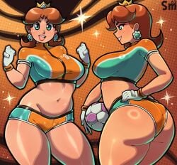 1girls ass ass_shot back back_view ball big_ass blue_eyes bottomwear breasts brown_hair crown ear_piercing earrings female female_only flower_earrings football_ball football_uniform gloves handwear headwear hips holding_object huge_ass lips lipstick looking_back mario_(series) mario_strikers multiple_views nintendo orange_shorts princess_daisy samario short_shorts shorts soccer_ball soccer_uniform solo solo_female sparkles tight_clothing tomboy topwear wide_hips
