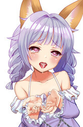 after_fellatio animal_ears arms_up bare_shoulders braid chains collarbone cum cum_in_mouth cum_on_body cum_on_upper_body cumdrip cupping_hands dog_ears downscaled dress elin_(tera) female kumehara_chiyota long_hair md5_mismatch o-ring open_mouth outstretched_hand purple_dress purple_eyes purple_hair resized simple_background solo tears tera_online twin_braids twintails upper_body white_background