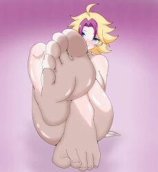 :) blonde_hair blue_eyes blush clavkiys_mc clavkiys_the_magikey_skyblaster crossed_legs female_only fetish focus foot_fetish klatina konami light_skin looking_at_viewer low-angle_view lying multicolored_hair nude one_leg_up ponytail pose purple_hair seductive_smile sitting smile thick_thighs thighs yu-gi-oh!
