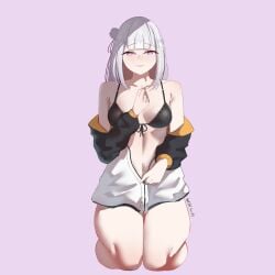 1girls belly bra breasts_apart elf elf_ears elf_female emilia_(re:zero) looking_at_viewer medium_breasts natsuki_subaru_(cosplay) open_jacket purple_eyes qk re:zero_kara_hajimeru_isekai_seikatsu silver_hair sitting solo thick_thighs underwear