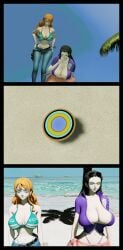 accidental_hypnosis beach black_hair brainwashing eyewear_on_head female female_only hypnosis jeans kaa_eyes large_breasts long_hair mind_control nami_(one_piece) nico_robin one_piece orange_hair smile sunglasses