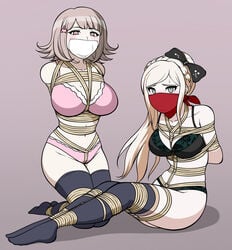 2girls arms_behind_back black_bra black_lingerie black_panties bondage bound bound_ankles bound_arms bound_legs bound_torso bra cloth_gag danganronpa danganronpa_2:_goodbye_despair female_only femsub gag green_lingerie jam-orbital lingerie microfoam microfoam_tape mole mole_on_breast multiple_girls multiple_subs nanami_chiaki over_the_nose_gag panties pink_bra pink_lingerie pink_panties rope rope_between_breasts sonia_nevermind stockings straight_hair super_danganronpa_2 tagme tape_gag tied_up underwear white_tape