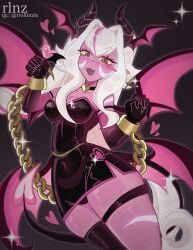 1girls black_gloves black_stockings blush blush_face blush_lines blushing_female bracelet bracelets brawl_stars chains choker clothed clothed_female female female_focus female_only gloves long_hair melodie_(brawl_stars) open_mouth pink-skinned_female pink_lipstick pink_skin rrollinzie_(artist) solo solo_female stockings succubus succubus_horns succubus_tail succubus_wings tagme tail topwear white_hair yellow_eyes
