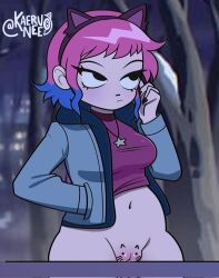 1girls black_eyes bodypaint brown_nails cat_drawn_on_pussy cat_ears do_you_want_to_pet_my_cat_(meme) female hand_up kaerunee light-skinned_female light_skin nail_polish necklace open_clothes open_jacket partially_clothed pendant pink_hair purple_hair ramona_flowers scott_pilgrim shaved_pussy short_hair solo solo_female star two-tone_hair