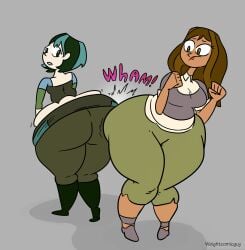 2girls ass_expansion blue_hair bottom_heavy brown_eyes brown_skin cartoon_network colored courtney_(tdi) female goth goth_girl gwen_(tdi) inflation onomatopoeia tagme total_drama_(series) total_drama_island weightcomicguy wide_hips