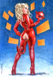 1girls anal anal_insertion ann_takamaki anus ass blonde_hair buttplug female female_only persona persona_5 solo tail_plug traditional_media_(artwork) yuranart