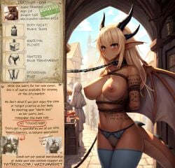 ai_generated anime big_breasts blonde_hair blue_eyes bondage bounty_hunters chains collar dragon dragon_horns dragon_tail dragon_wings dress_up edited fantasy female fictional market naked nude panties photoshop roleplay slave slavegirl slavery stockings tattoos waifu