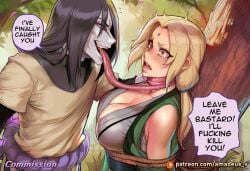 1boy ai_generated amadeus_v asphyxiation bare_shoulders black_hair blonde_hair blush bodily_fluids bound breasts brown_eyes cleavage clothed clothing conjugal_slavery crying detailed_background dialogue duo english_text facial_mark female forced forehead_mark forest hair japanese_clothes large_breasts light_body light_skin long_hair long_tongue low_twintails male mature_female naruto naruto_(series) naruto_shippuden open_mouth orochimaru outdoors outside patreon_username plant rope saliva scared speech_bubble straight strangling tagme tearing_up tears teeth text tongue tongue_out topwear tree tsunade twintails yellow_eyes