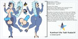 anthro anus ass balls blue_body breasts butt_tattoo capcom claws dododragon56 fanged_wyvern fur genitals hi_res intersex kaminari_the_tobi_kadachi model_sheet monster_hunter nipples nude penis reptile scalie smile solo tattoo text thick_thighs tobi-kadachi tongue vulva yellow_eyes
