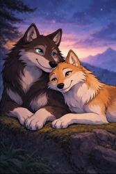 ai_generated amber_eyes black_fur blue_eyes calm canid canine canis chin_on_head cuddling cute duo female feral friends grass male mountain no_sex platonic rocks safe_for_work smile snuggling socks_(marking) soft straight sunset tan_fur tree two-tone_fur wolf