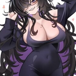 1girl ai_generated bags_under_eyes bangs black_dress black_hair black_sweater breasts cleavage colored_inner_hair commentary covered_navel dress extra female glasses goddess_of_victory:_nikke grin hair_over_one_eye heart highres huge_breasts label_(nikke) large_breasts long_hair looking_at_viewer messy_hair mole mole_on_breast multicolored_hair pale_skin purple_eyes purple_hair simple_background smile solo sweater tag taut_clothes taut_dress thick_thighs thighs two-tone_hair velmillix very_long_hair white_background