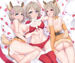 3girls absurdres animal_costume antlers aqua_eyes areolae ass back belt bra breasts brown_hair detached_sleeves grey_hair highres linatai love_live! love_live!_nijigasaki_high_school_idol_club love_live!_sunshine!! love_live!_superstar!! lying medium_breasts medium_hair multiple_girls nakasu_kasumi navel on_back on_side on_stomach panties pussy pussy_peek red_bra red_eyes red_legwear red_panties reindeer_antlers reindeer_costume salute santa_costume smile spread_ass tang_keke thighs underwear watanabe_you white_panties