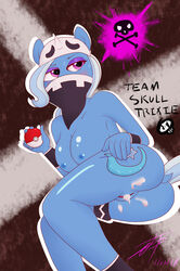 1girls after_sex angry anthro ass blue_fur blush breasts cosplay crossover cum cum_inside daddy_pone equine eyelashes eyeshadow furry holding horn horse looking_back makeup mammal mask mostly_nude my_little_pony nintendo nipples poke_ball pokemon pokemon_sm purple_eyes pussy solo sweat tail team_skull text trixie_(mlp) unicorn white_hair