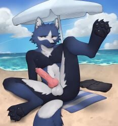 2026 4_toes absurd_res animal_genitalia animal_penis anthro balls beach beach_towel beach_umbrella biped black_clothing black_eyebrows black_nose black_paws black_swimming_trunks black_swimwear blue_body blue_ear_tips blue_ears blue_fur canid canine canine_genitalia canine_penis canis cheek_tuft christian_cross christian_symbol christianity claws clothing cloud contrail cross cross_(marking) detailed_background digital_drawing_(artwork) digital_media_(artwork) dipstick_ears dire_wolf ear_markings ear_piercing ear_ring embarrassed erection eyebrows facial_tuft feet foot_focus front_view fur genitals grumpy hands_on_ground head_tuft hi_res hindpaw jewelry jewelry_only ketvesce knot knotted_penis luzenith_lawchi male mammal markings multicolored_ears narrowed_eyes navel neck_tuft nude outside parasol pattern_towel pawpads paws penis piercing pink_penis portrait prehistoric_species presenting raised_foot religion religious_symbol ring_piercing sand sea shaded sheath silver_(metal) silver_jewelry sitting snout solo striped_towel stripes surgical_suture swimming_trunks swimwear tail toe_claws toes towel tuft vein veiny_penis water white_balls white_body white_fur white_inner_ear white_markings white_sclera wolf