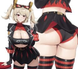 1girls absurdres ass ass_focus belt black_gloves black_jacket black_panties black_skirt black_thighhighs breasts burnice_white cg cleavage close-up cropped_jacket eyewear_on_head female female_only fingerless_gloves from_behind giyeodeo gloves highres jacket kuavera large_breasts looking_at_viewer lower_body midriff miniskirt open_clothes open_jacket panties pleated_skirt red_eyes simple_background skindentation skirt solo sunglasses thighhighs thighs third-party_edit twintails underwear white_background zenless_zone_zero