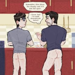 2boys asperger aspergers ass autistic autistic_male black_eyes black_hair bottomless bottomless_male butt_crack butt_focus cabbage casual casual_bottomless casual_exposure casual_nudity color cooking cute_butt dark_eyes dark_hair digital_art digital_drawing_(artwork) digital_media digital_media_(artwork) dream dreaming english english_text family family_bonding fantasy_scenario father father_and_son glasses half_japanese imagination imagining instructing instruction japanese japanese_male kitchen kitchen_appliance kitchen_cabinet kitchen_counter kitchen_utensils male male_only man_ass manly mr_shrink muscular_ass musuclar nonsexual_nudity okonomiyaki original original_character original_characters shilo_(mr_shrink) shirt shouta_(mr_shrink) social_nudity son square_glasses t-shirt vegetable vegetables yaoi