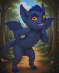 1boy ai-generated ai_generated anthro bat_wings blue_hair blue_skin completely_nude_male demon_boy erection fangs forest forest_background imp imp_(she-ra) looking_at_viewer male masters_of_the_universe mattel nature nature_background nude_male penis pig_nose she-ra_princess_of_power smile tail teeth_clenched testicles yellow_eyes