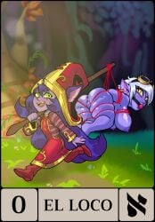 2girls ass big_ass bondage breasts card comission dominant_female ear_piercing earrings female_clothed female_only focus_on_ass gag happy humiliation league_of_legends lezdom lulu_the_fae_sorceress monster_girl naked_female nipples pointed_ears purple_hair purple_skin ropes smiling spanish_text submissive submissive_female tagme tarot tarot_card thick_thighs thighs tomthingsth tristana white_hair yordle